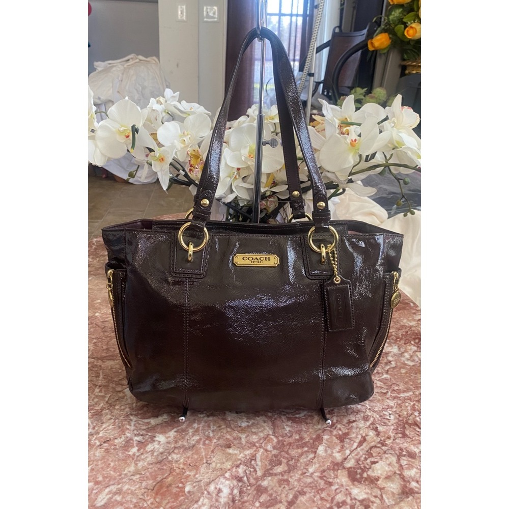 New Coach Gallery Mahogany Brown Patent Leather Tote Shoulder Bag F20431, $325